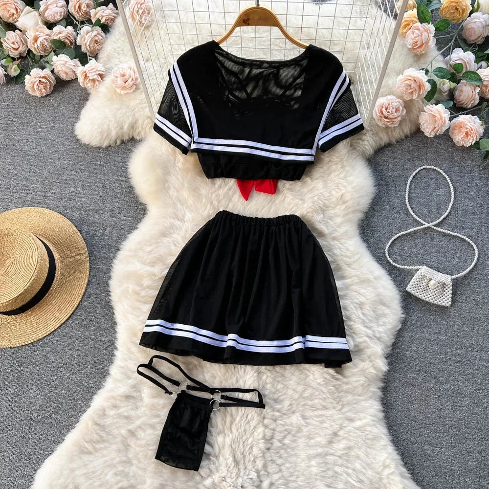 Sweet Sailor Style Sheer Lingerie Set for Women with Short Sleeve Bow Tie Top and Pleated Mini Skirt
