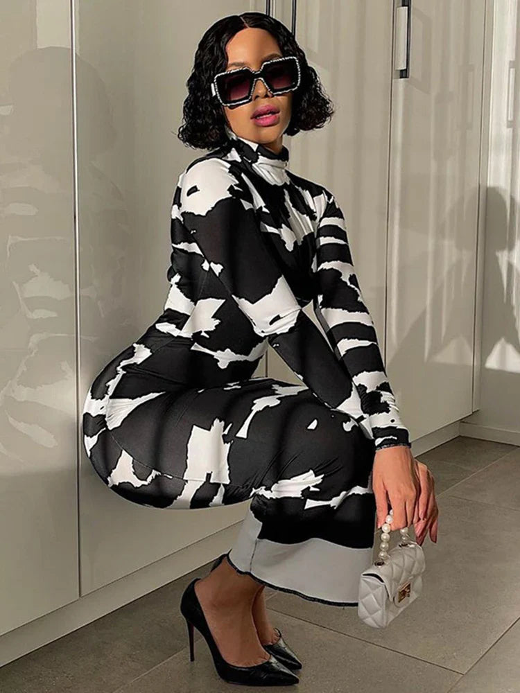 Cow Print Maxi Dress Long Sleeve Turtleneck Bodycon Party