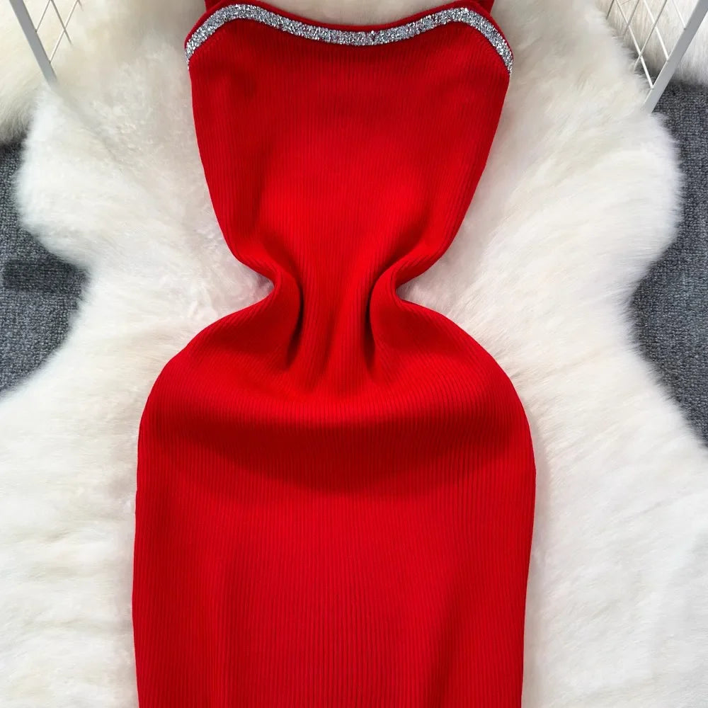 Knit Bodycon Mini Dress With Shimmer Straps For Women
