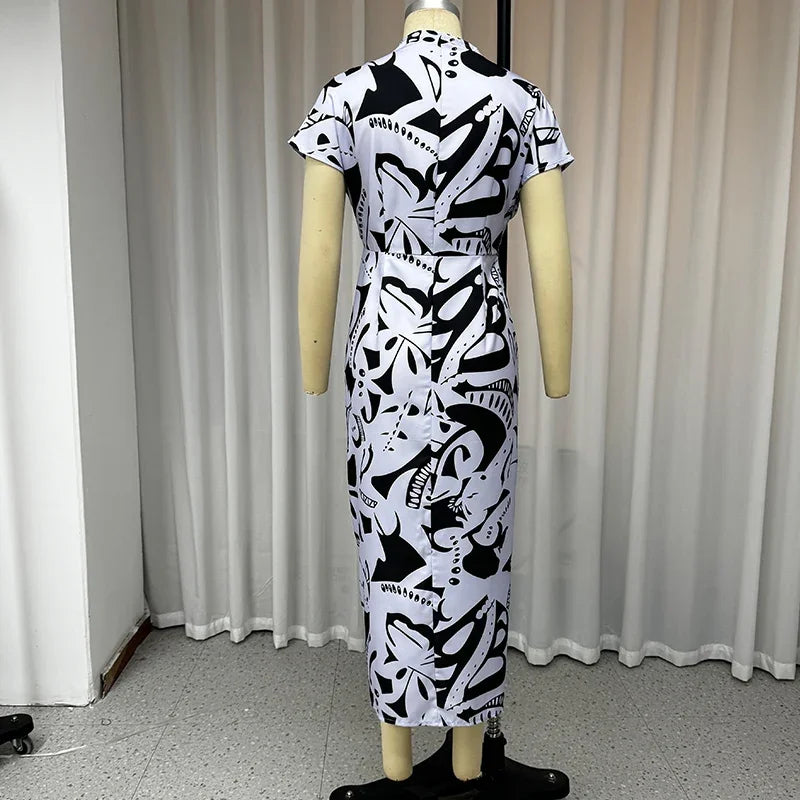 Women Long Printed V Neck Pleated Dress With Slit