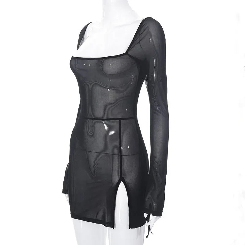 Slim Fit Sheer Dress For Women Lace Up Long Sleeve Fashion