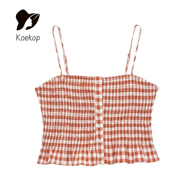 Women's Plaid Halter Crop Top with Backless Design and High Waist Vintage Maze Pattern Skirt Set
