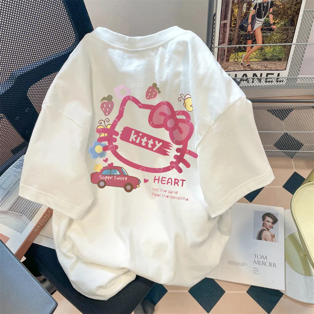 Japanese Cute Kitty Cat T-Shirt for Women O-Neck Short Sleeve Casual Top