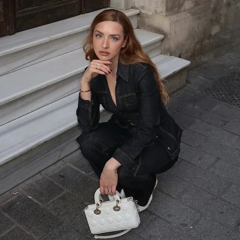 Denim Two Piece Women's Outfit with Button Up Shirt and High Waist Trousers Set