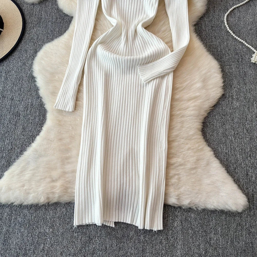 White Long Sleeve V Neck Lace Up Elegant Dress For Women