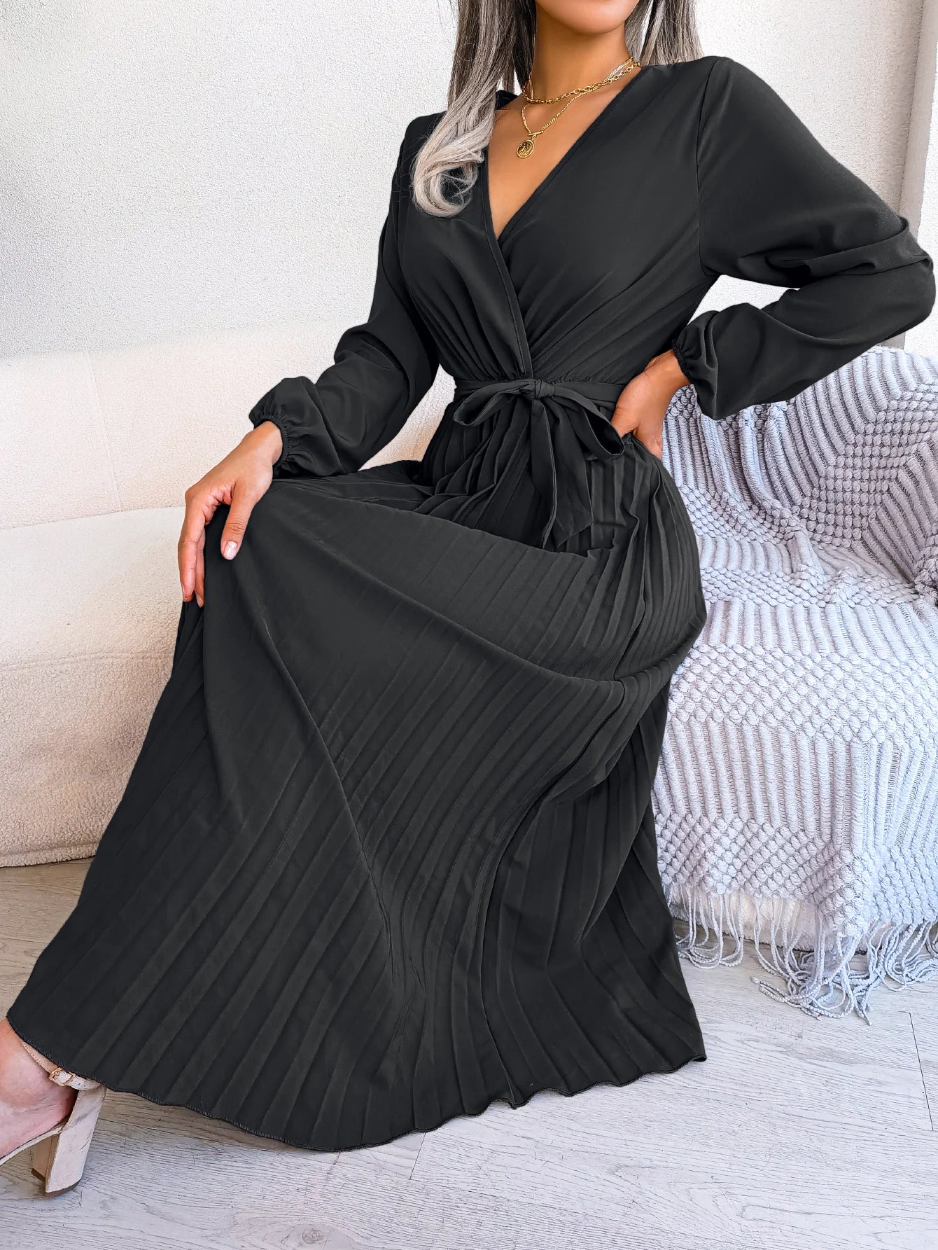 Elegant Surplice Neck Pleated Maxi Dress With Belt Flair