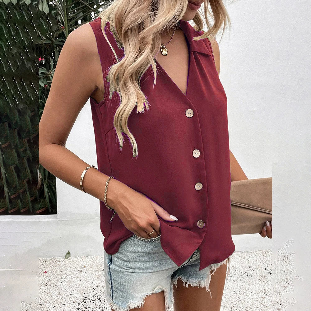 Chiffon Sleeveless Blouse for Women V Neck Button Down Slim Fit Casual Tank Top Summer Pullover Shirt