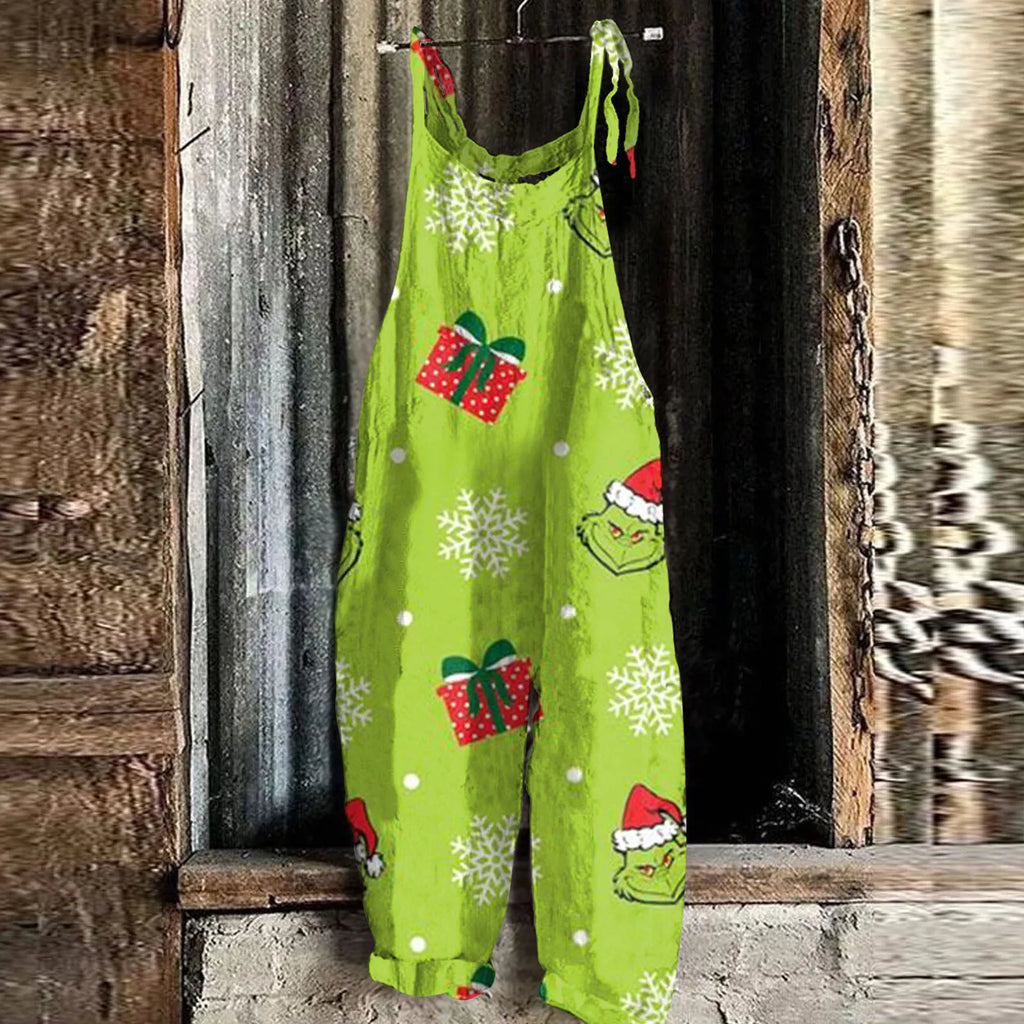 Kawaii Cartoon Print Casual Loose Vintage Strappy Jumpsuit Women's Fashion Festival Pants with Christmas Theme