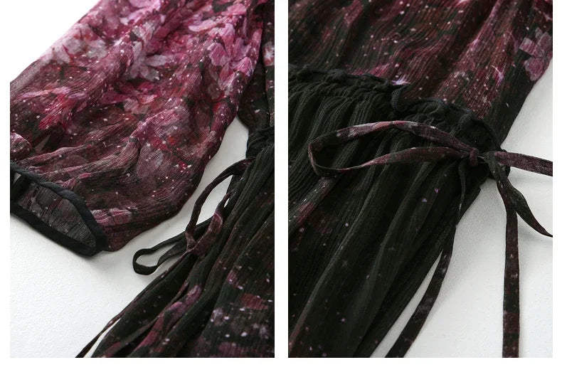 Purple Floral Chiffon Dress With V Neck And Lantern Sleeves