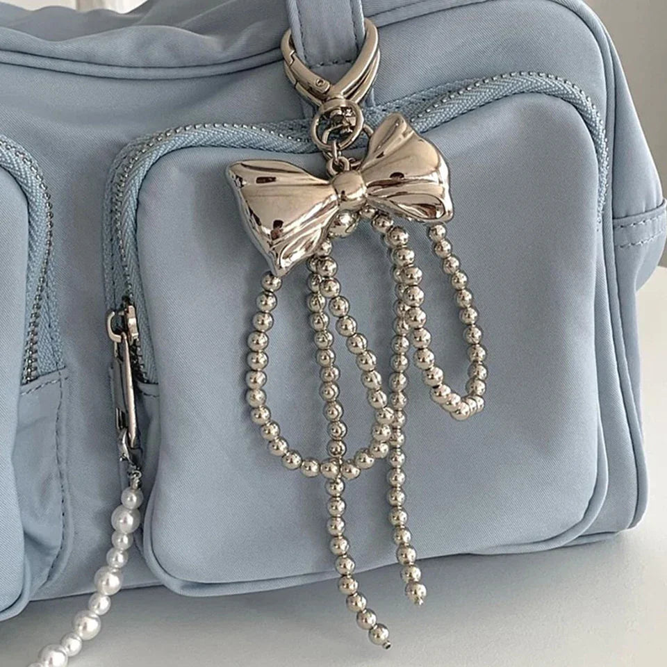 Korean Cute Beaded Pearl Bowknot Keychain for Women and Girls Metal Bow Pendant Bag Decoration Accessories