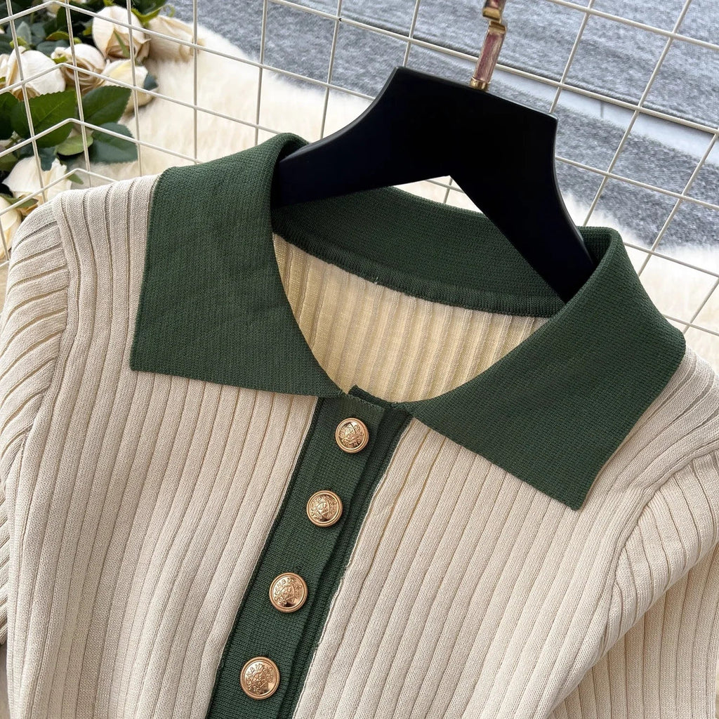 Patchwork Knitted Polo Collar Dress For Women Spring Summer