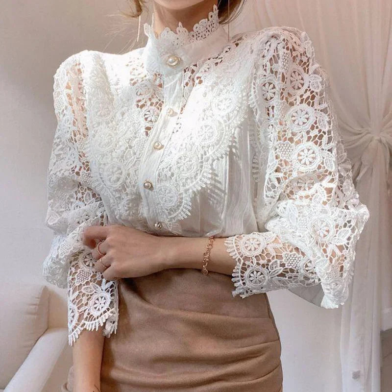 Vintage White Lace Blouse for Women Button Front Loose Fit Hollow Casual Shirt Top