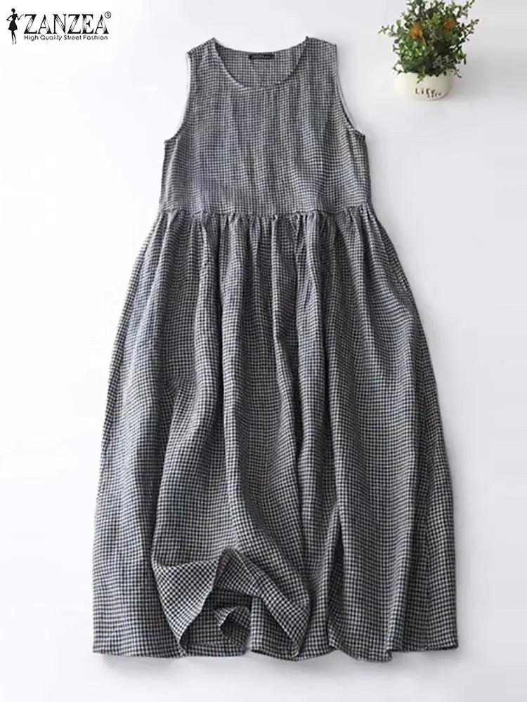 Checkered Sundress Sleeveless Long Casual Summer Tank Dress