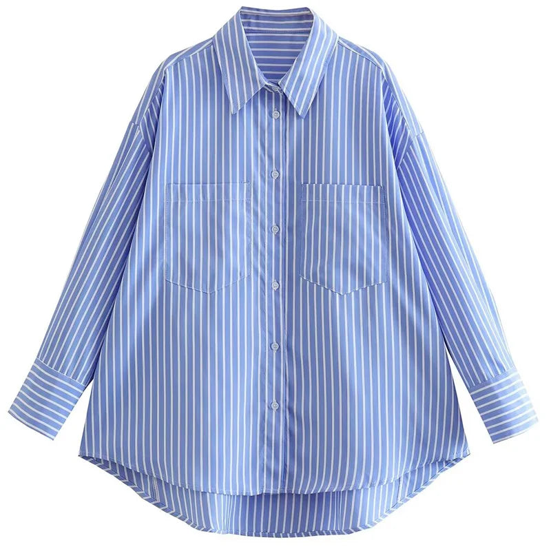 Women's Striped Loose Fit Long Sleeve Shirt Soft Blue Autumn Blouse Stylish Office Wear Top