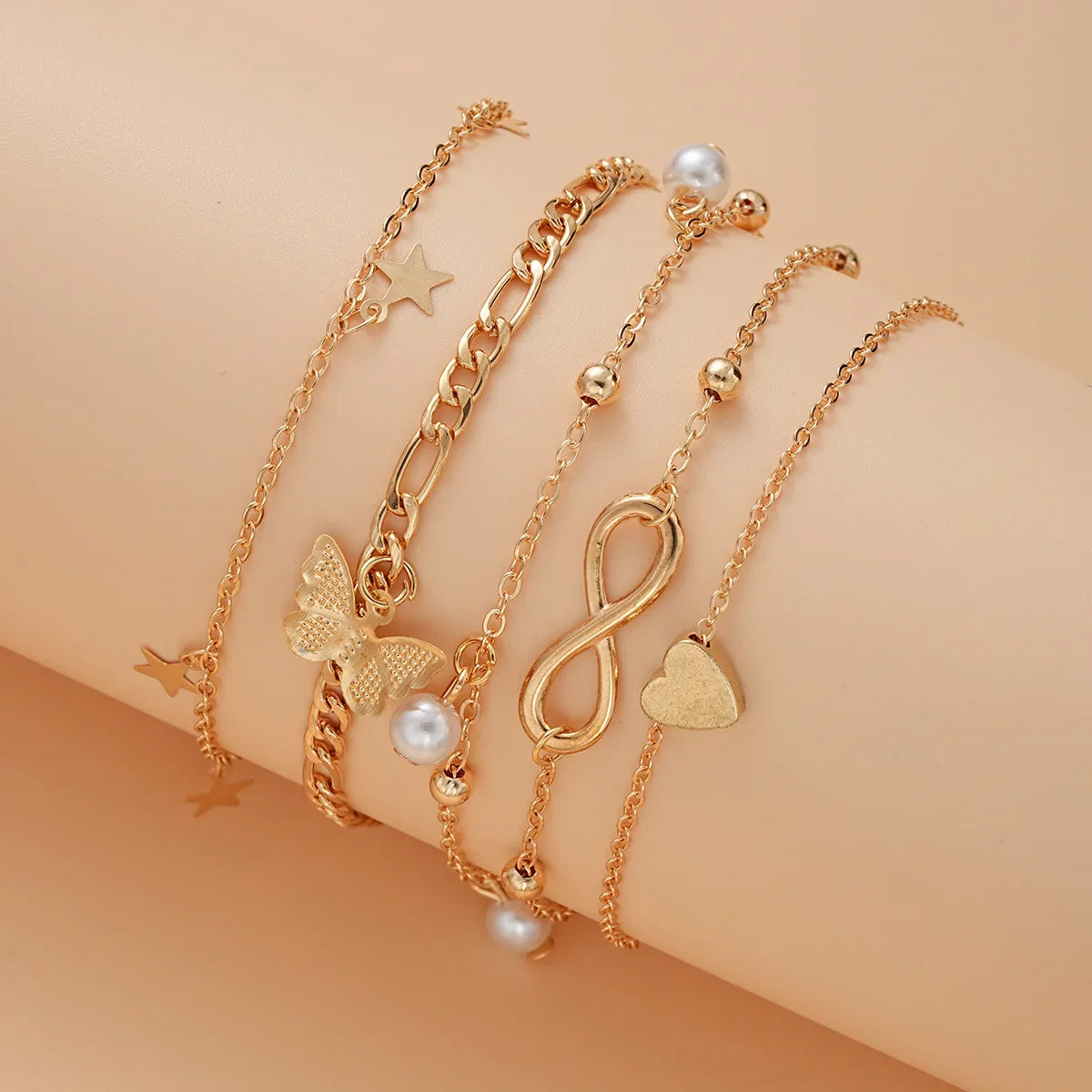 5Pcs Retro Multilayer Tassel Anklet Set with Vintage Pearl and Butterfly Star Heart Pendants for Women Beach Jewelry