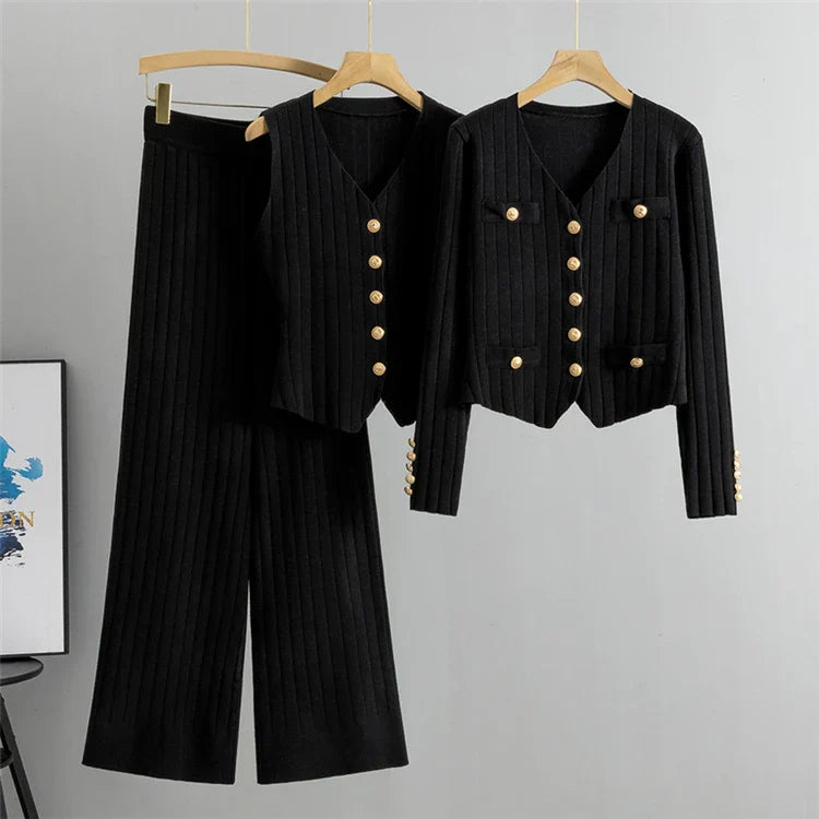 Women's Three Piece Cardigan Set Casual Sweater Outfit with Striped Cardigan Top and Wide Leg Pants