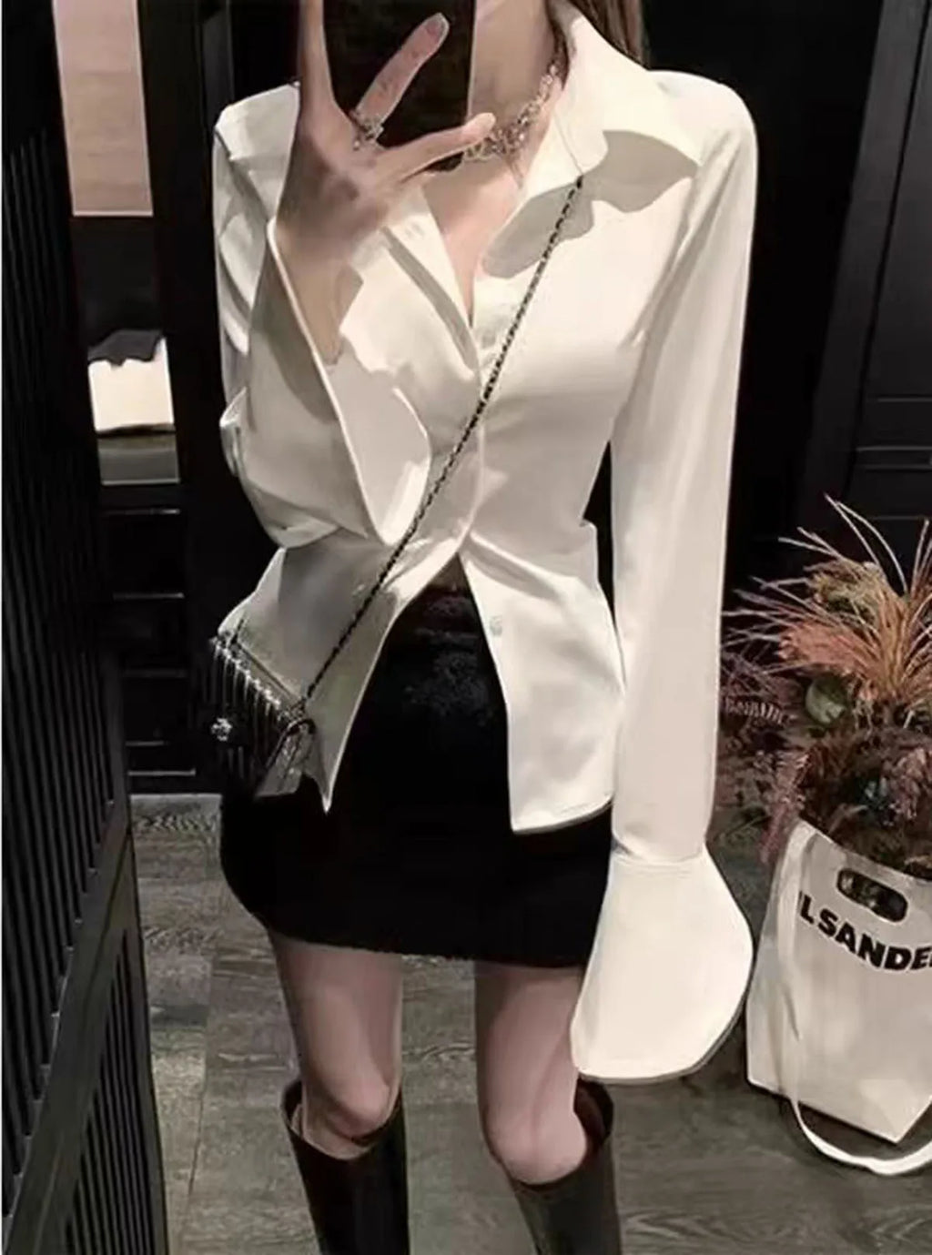 Slim White Chiffon Shirt for Women Long Sleeve Horn Sleeve Blouse Elegant Slim Fit Chic Ladies Top