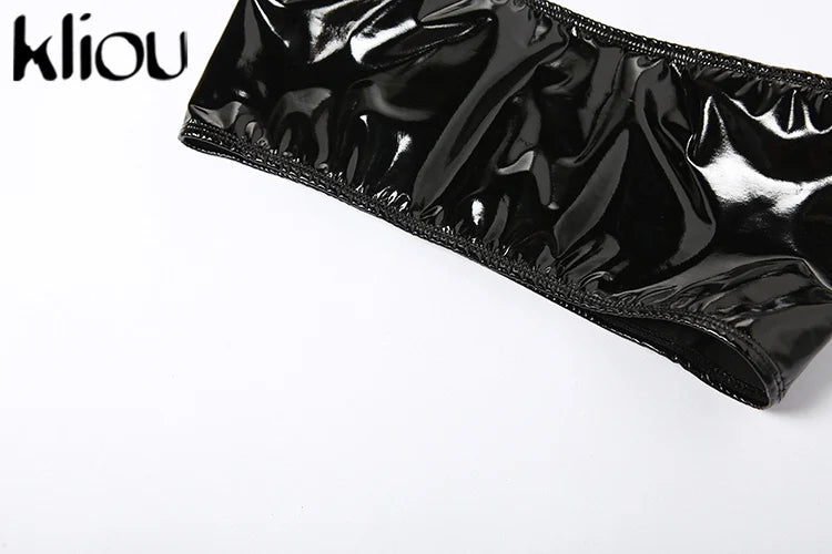 Shiny Solid Two Piece Set for Women Sexy Wrapped Chest Crop Top and Irregular Shape Skinny Hip Skirt Midnight Party Clubwear