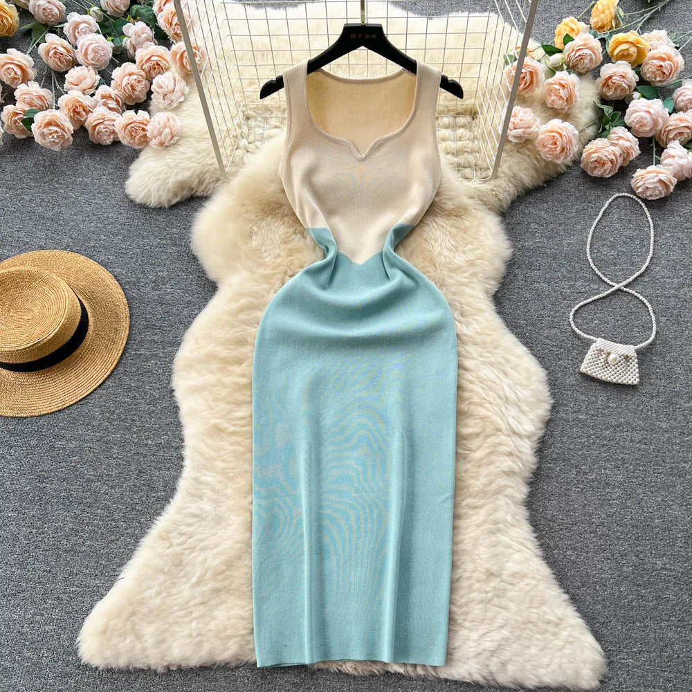 Patchwork Knitted Bodycon Dress For Women Wrap Party