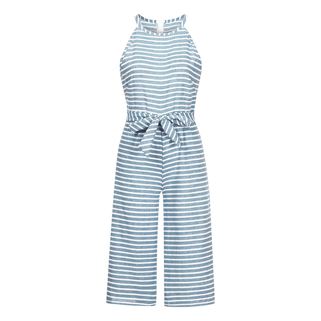 Elegant Sleeveless Striped Jumpsuit for Women Wide Leg Belted Romper Loose Fit Overalls Trousers