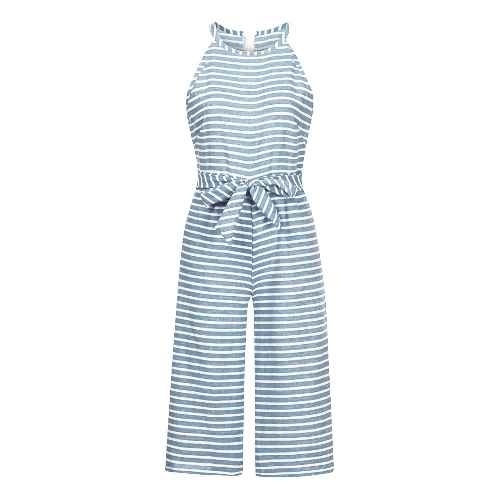 Elegant Sleeveless Striped Jumpsuit for Women Wide Leg Belted Romper Loose Fit Overalls Trousers