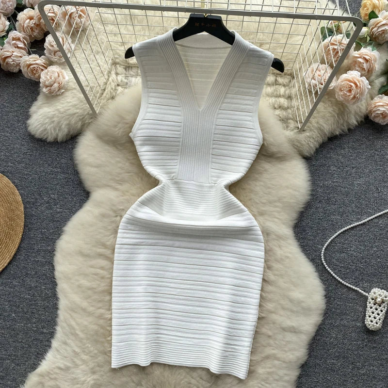 White Knit Tank Dress V Neck Sleeveless Bodycon Wrap Dress