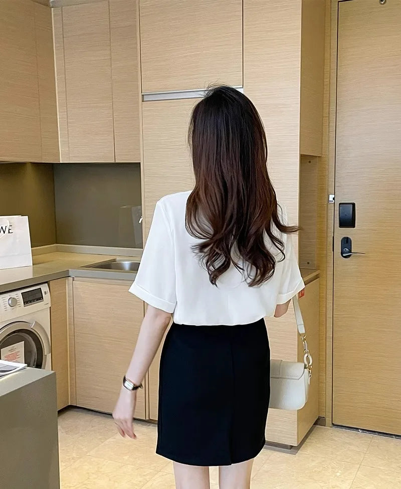 Women's Summer Short Sleeve V-Neck Chiffon Blouse Loose Fit Casual Office Pullover Shirt