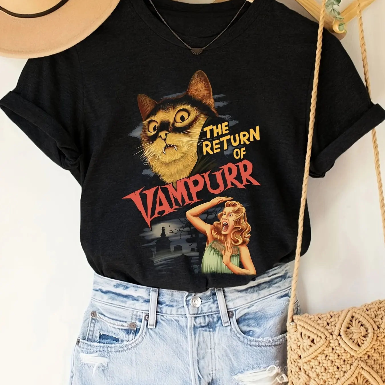 Vanpurr Cat Print Women Crew Neck T-Shirt Short Sleeve Casual Top for Spring and Summer Fashion