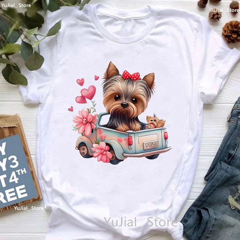 Golden Puppy Sunflower Dog Lover T Shirt for Girls Kawaii Summer Fashion Top with Pug and Yorkie Design