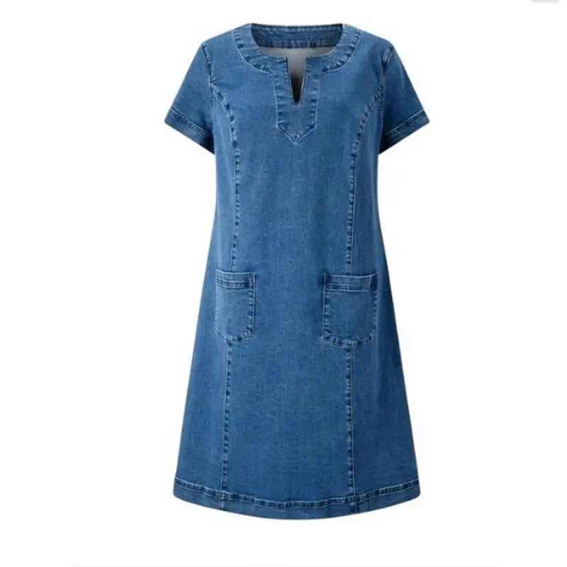 Denim Dress For Women Summer V Neck A Line Short Sleeves