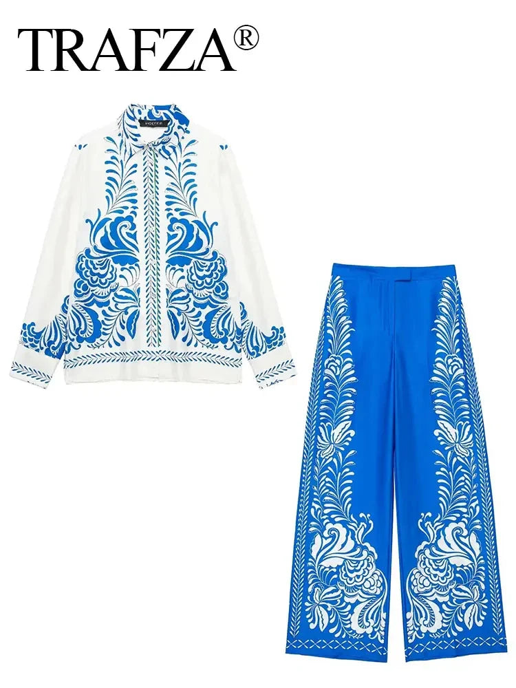 Women's Vintage Printed Casual Set with Long Sleeve Blouse and Straight Leg Pants
