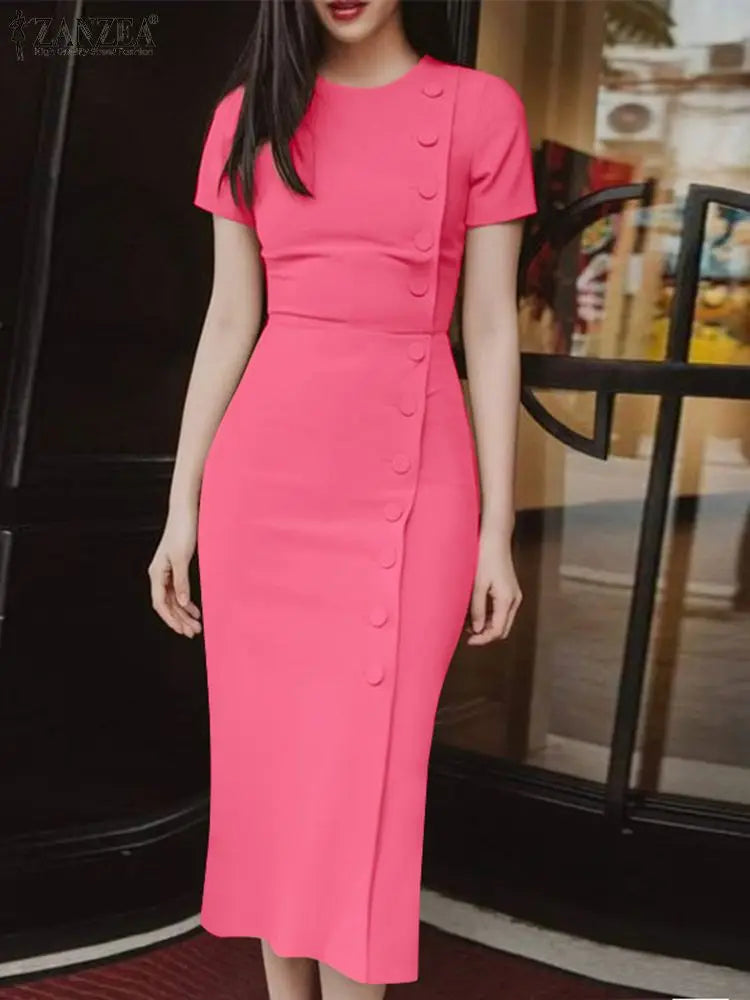 Elegant Women Midi Dress Solid Color Short Sleeve Casual