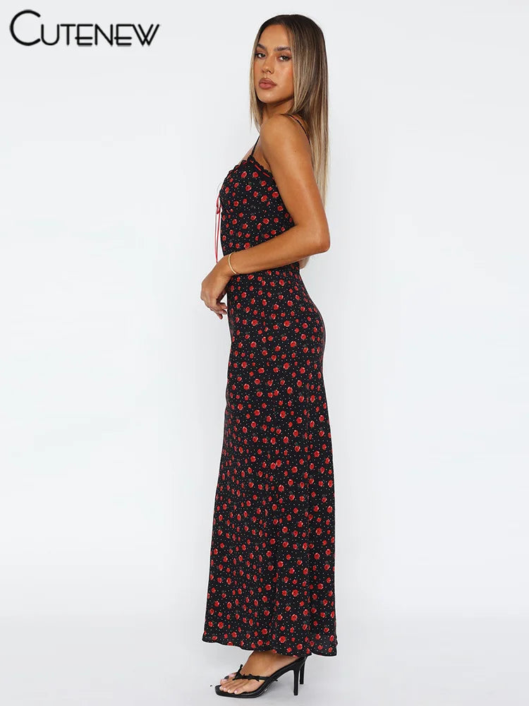 Rose Print Maxi Dress for Women Summer Bodycon Style
