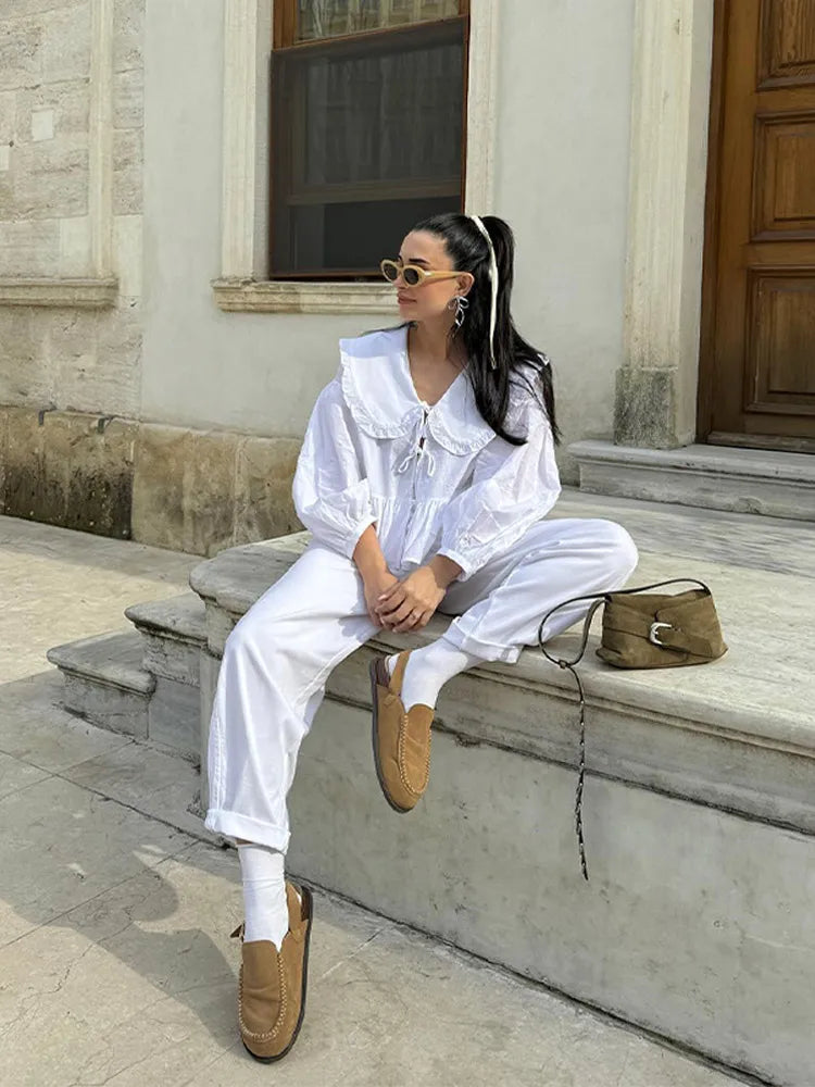 Women's Sweet Solid White Blouse with Front Bow Lace-Up Long Sleeves Elegant Casual Summer Top