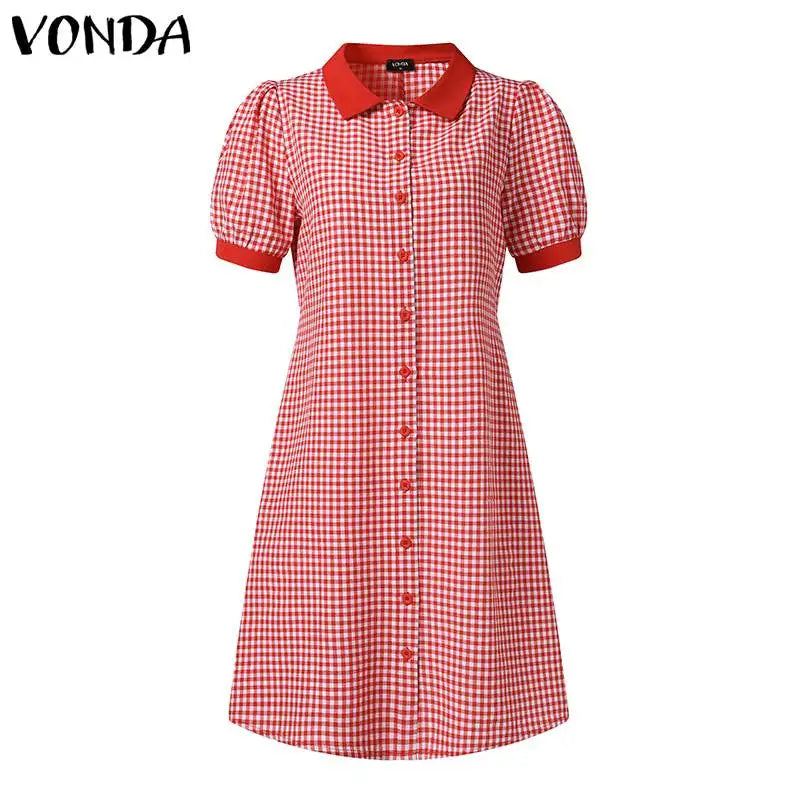 Boho Plaid Mini Dress Puff Sleeve A Line Sundress Style