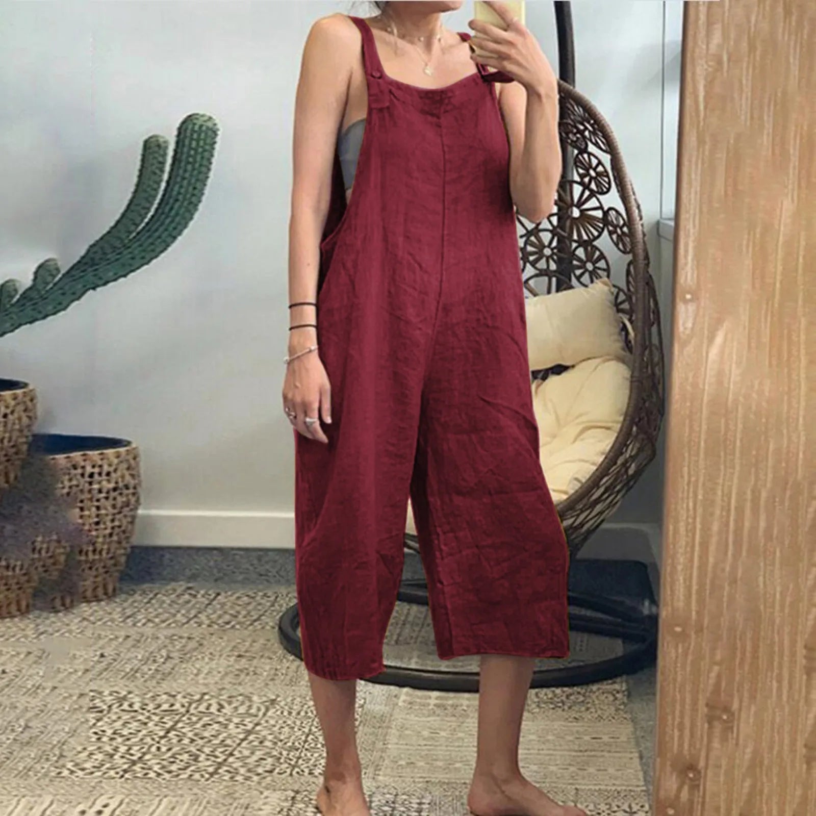 Solid Color Women Loose Cotton Linen Sleeveless Harem Jumpsuit Wide Leg Overalls Vintage Style Casual Romper Pants