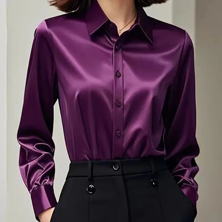 Elegant Satin Long Sleeve Women's Shirt Slim Fit Casual Office Blouse Stylish Autumn Top