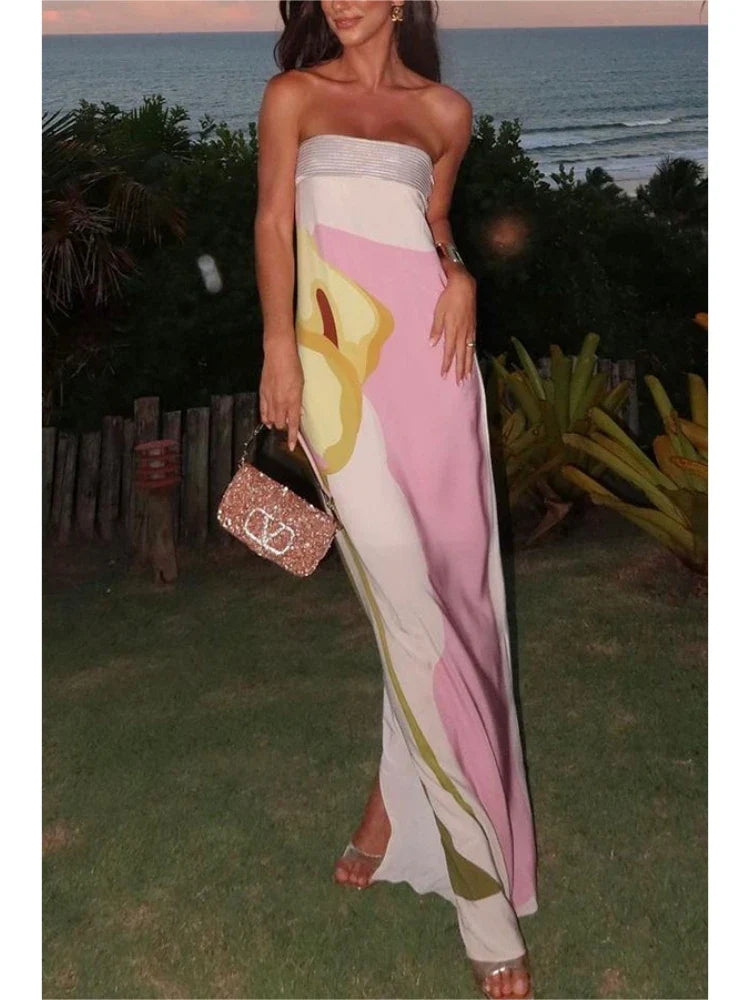 Satin Floral Strapless Maxi Dress Backless Bodycon Evening