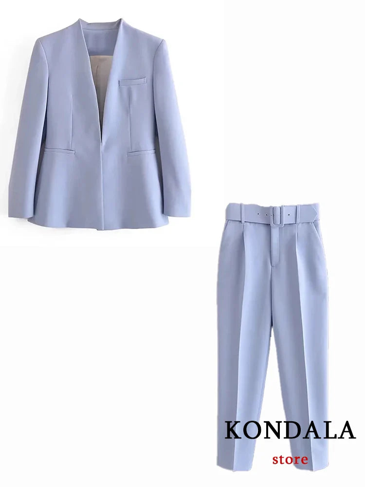 Light Blue Blazer Suit Set for Women with V Neck Loose Jacket and High Waist Sashed Pants Fashionable Autumn Outfit