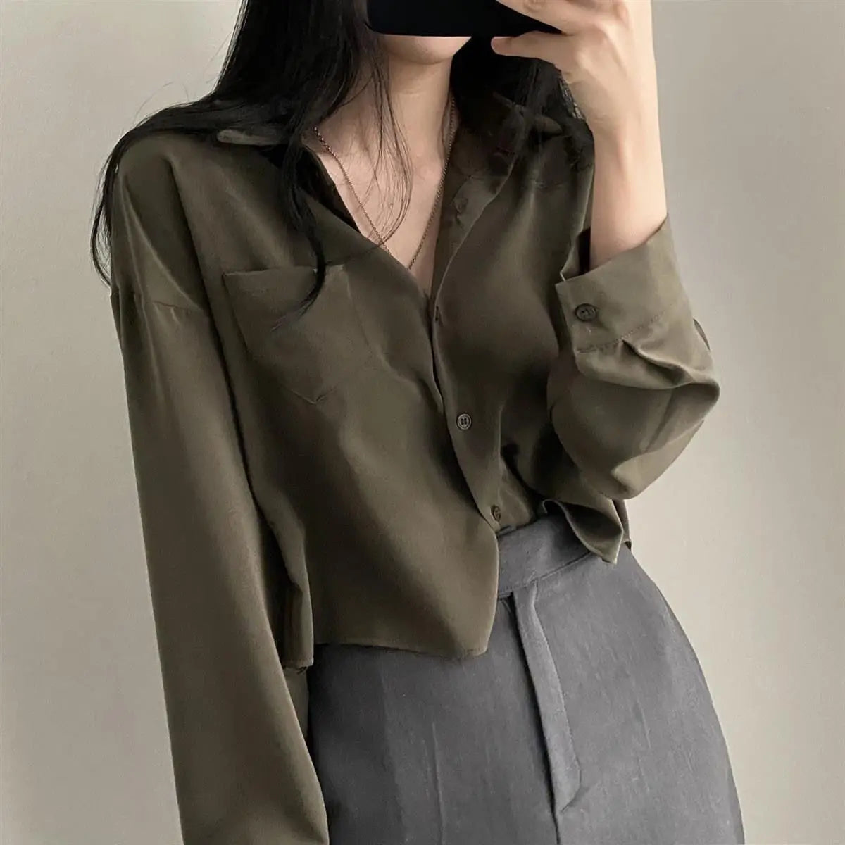 Simple Single Breasted Loose Long Sleeve Shirt Blouse Casual Elegant Solid Color Short Top
