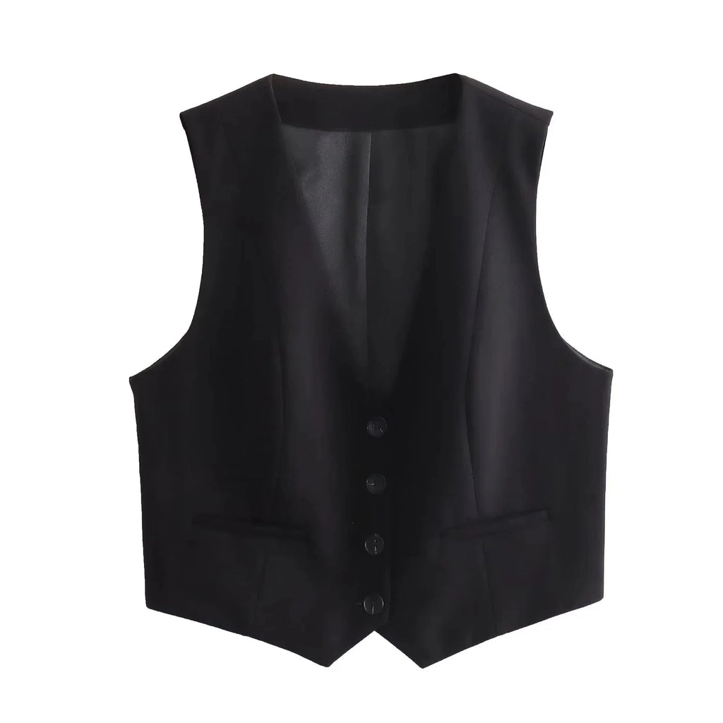 Casual Solid Color V Neck Sleeveless Single Breasted Vest With Elegant Mid Waist Wide Leg Pants Set