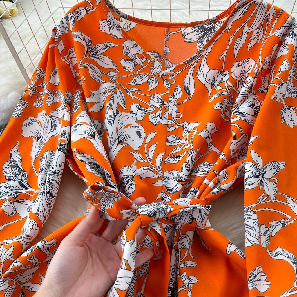 Boho Floral Print Pleated Maxi Dress With Puff Sleeves Belt