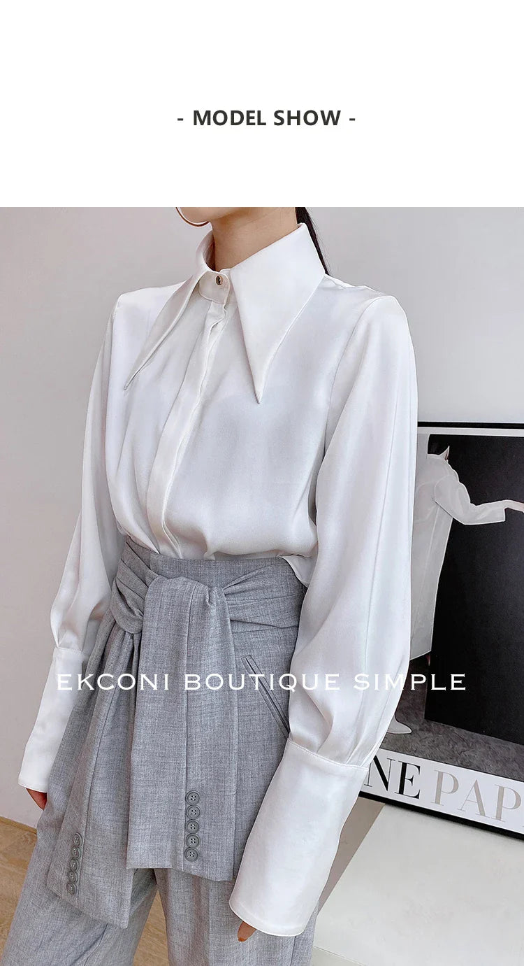 Elegant Turn Down Collar Satin Silk Blouse Vintage Button Closure White Lantern Sleeve Office Lady Shirt Chic Feminine Top