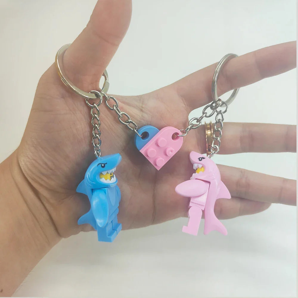 Cartoon Shark Keychains Set - Cute Pink and Blue Anime Keyring Charms for Lovers, Adorable Bag and Car Decor Gift