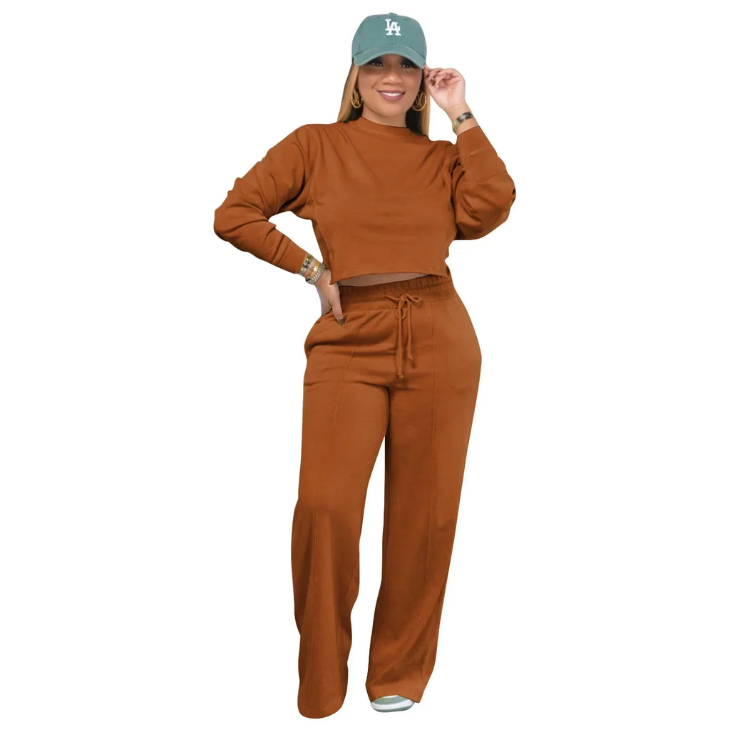 Women Winter Tracksuit Set Pullover Top and Pants 2 Piece Casual Outfit Thicken Warm Solid Color Suit