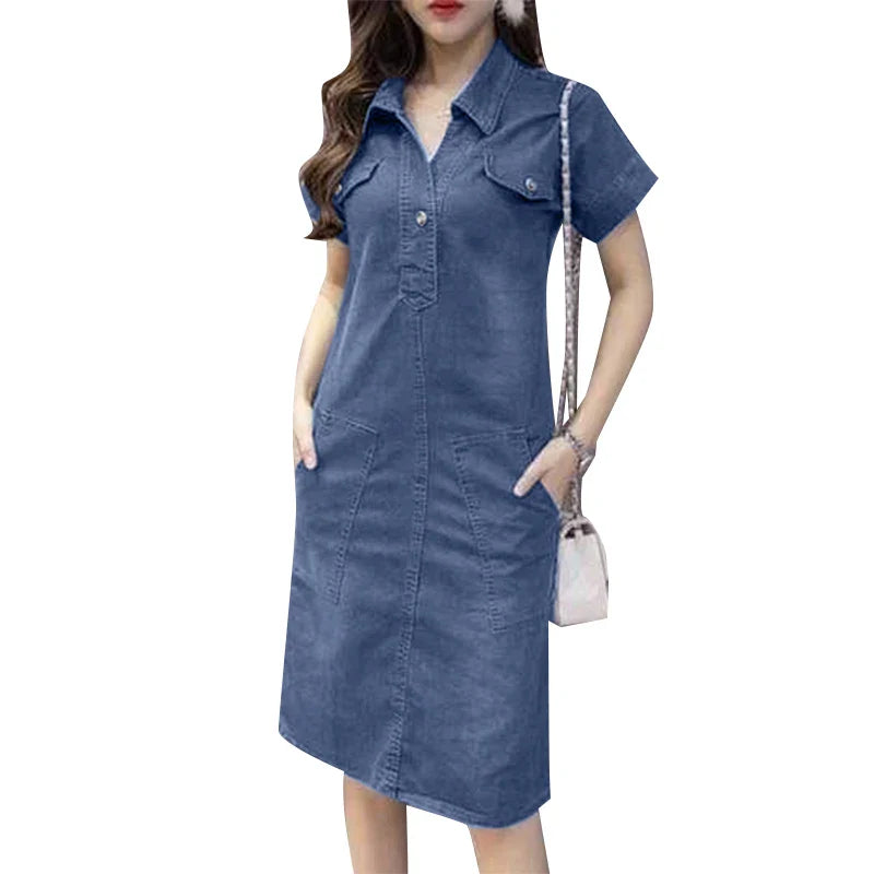 Denim Blue Lapel Neck Sundress for Women with Pockets
