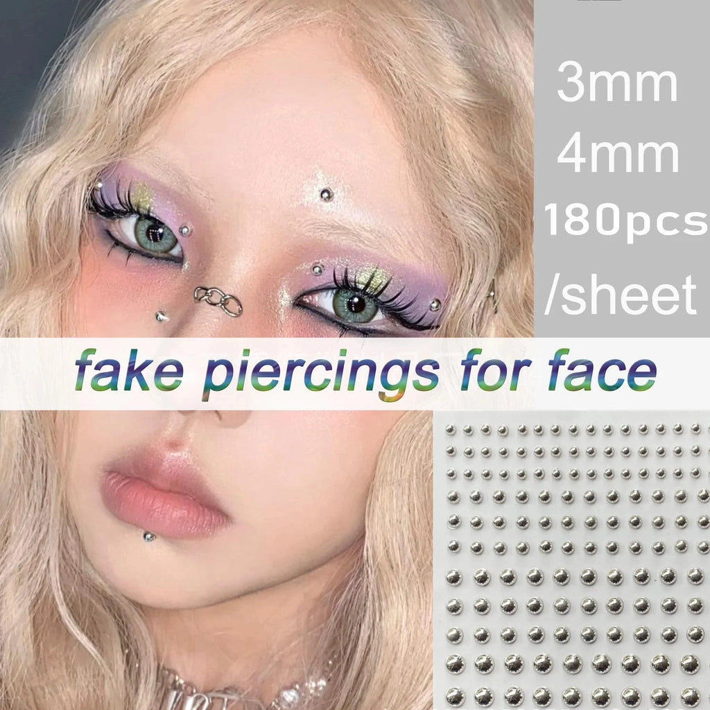 Fake Eyebrow Piercing Stick On Non Piercing Face Jewelry Set with Adhesive Lip Labret and Nose Studs