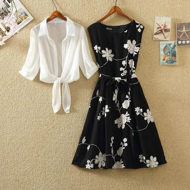 Elegant High Waist Sleeveless Two-Piece Dress with Slim A-Line Skirt Floral Embroidery White Top and Bow Belt Vintage Inspired Women's Suit