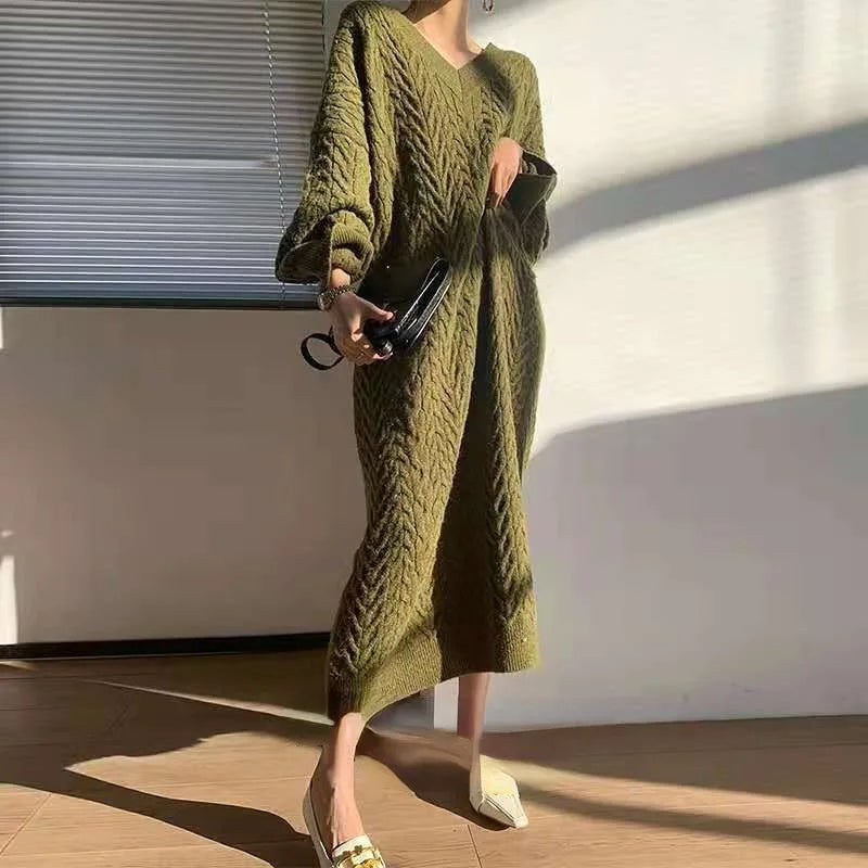 Autumn Knit Sweater Dress Long Sleeve V Neck Women