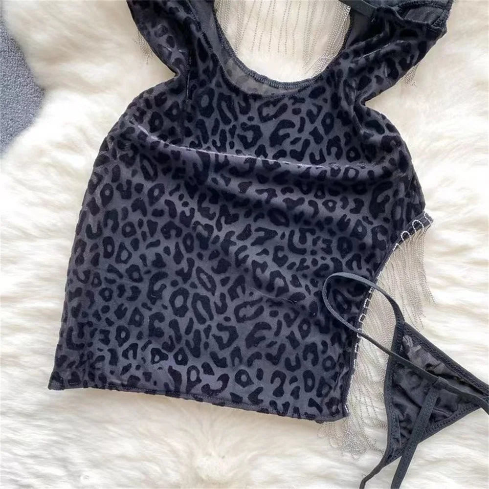 Leopard Print Lingerie Halter Nightwear Side Slit Tassels